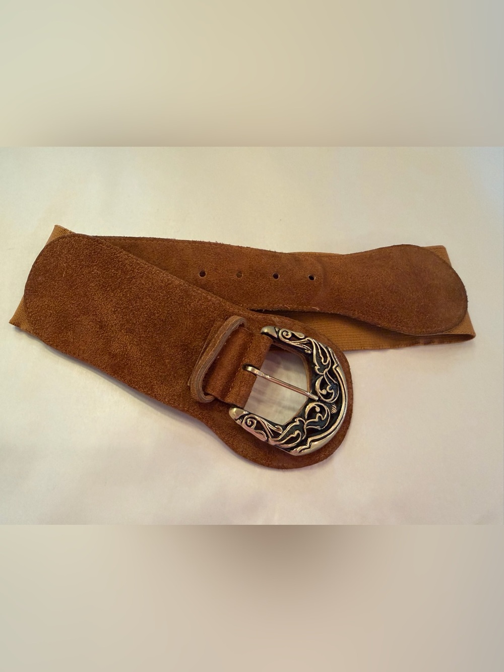 Vintage 90s Axcess Wide Brown Suede Stretch Belt Western Buckle Made in USA SM M